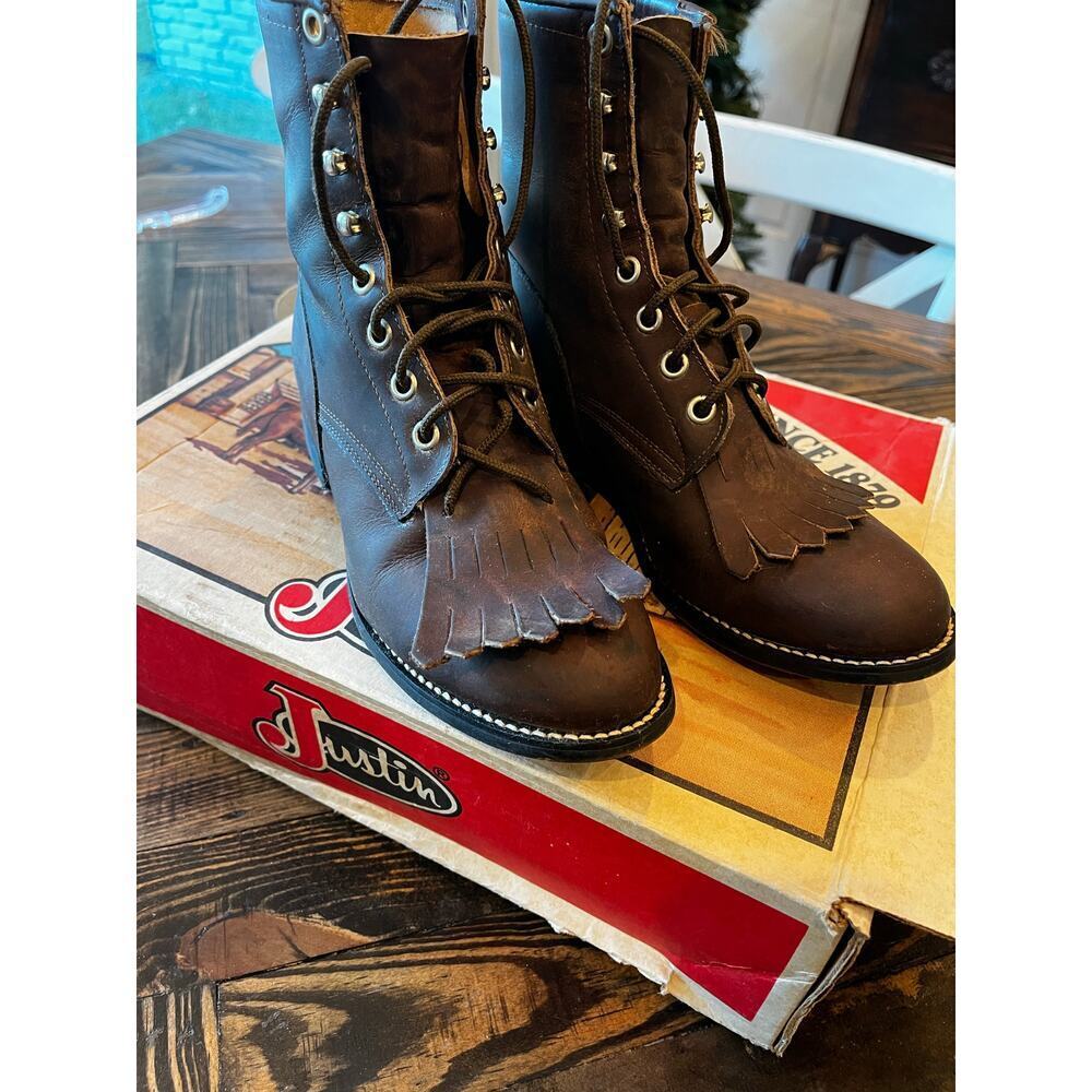 Justin Leather Lace Up Roper Boots Women 4D Brown Witchy Grunge Cottage Cowgirl - Picture 15 of 16